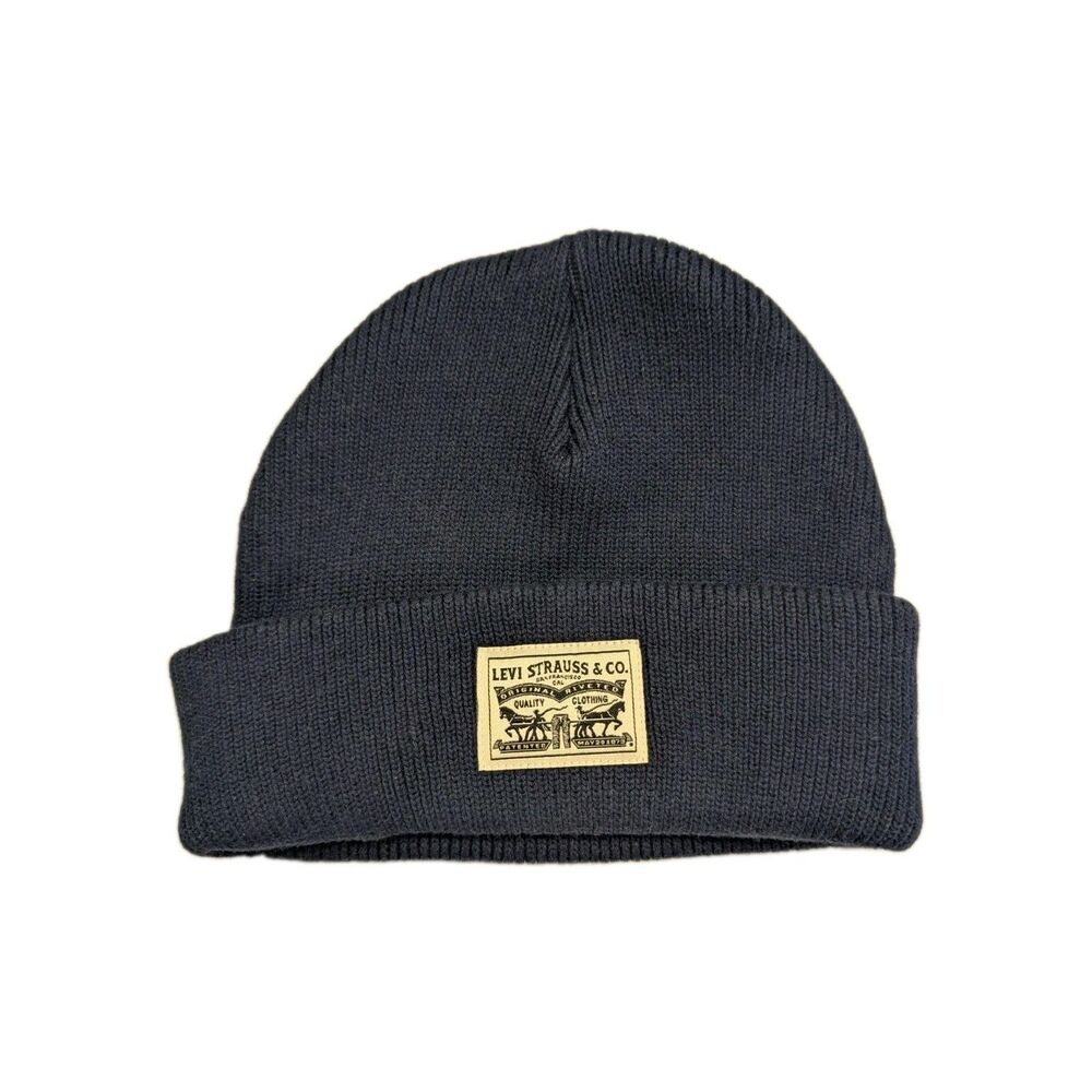 Levi Strauss Beanie Mens Navy Blue Knit Cuffed Patch Winter Casual Warm y2k